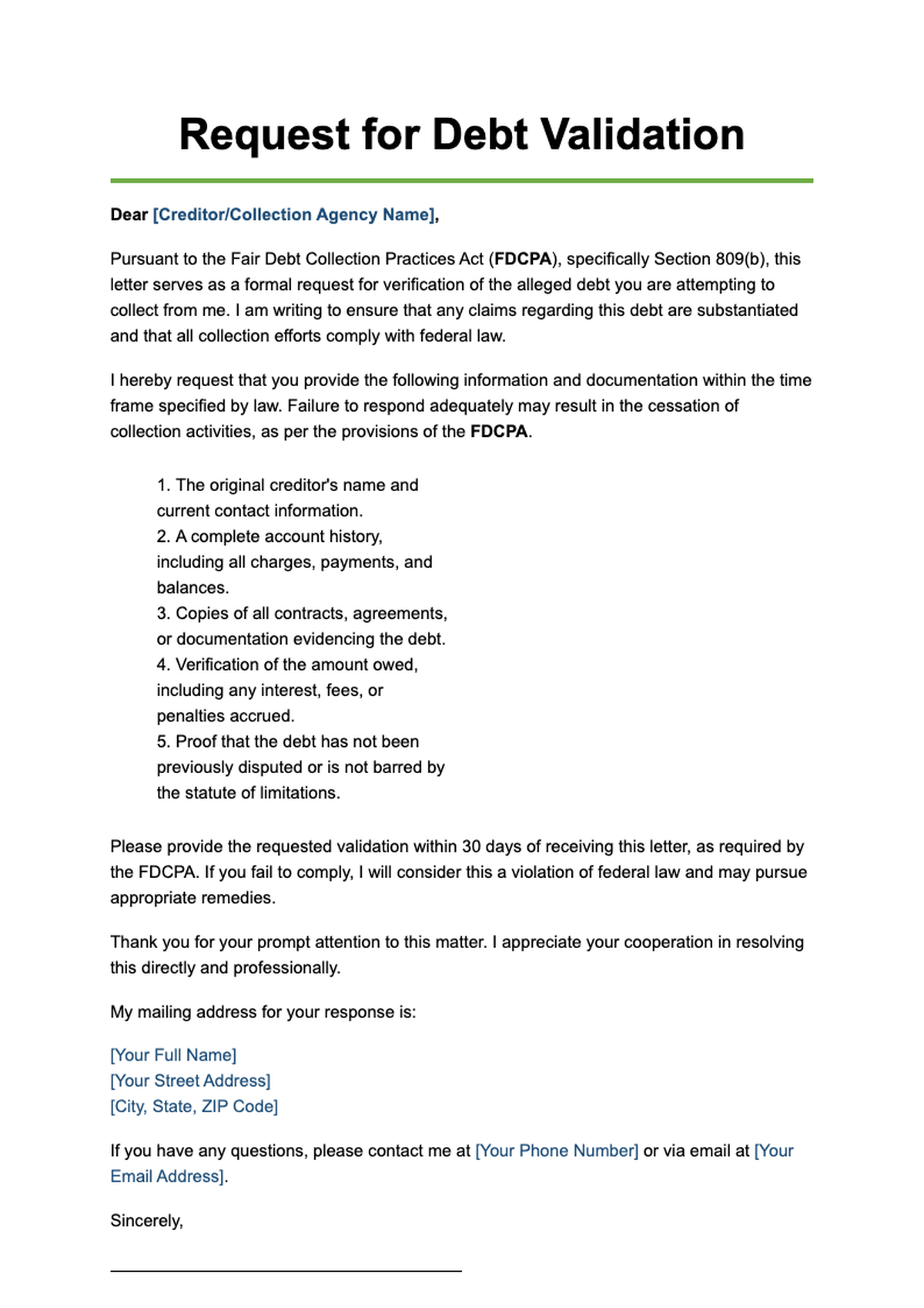 Request for Debt Validation Letter under FDCPA with placeholders_variant_2